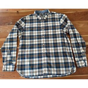 LL Bean Signature Mens XL Slimmest Fit Plaid Button Down Shirt Blue Tan 503887